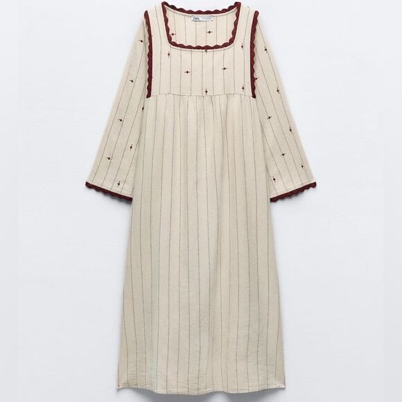 Zara Striped Linen Blend Dress With Knit Trim - Picture 4 of 7